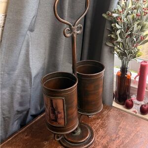 Rustic metal Double Utensil wine Holder with Wine Label Accent